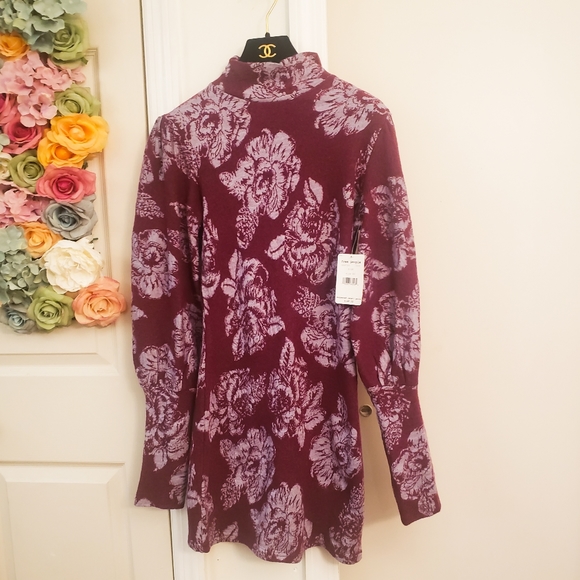 FREE PEOPLE Dress Long Sleeve Mini Sweater Wool Mock Neck Floral Boho Wine XS - Picture 6 of 10